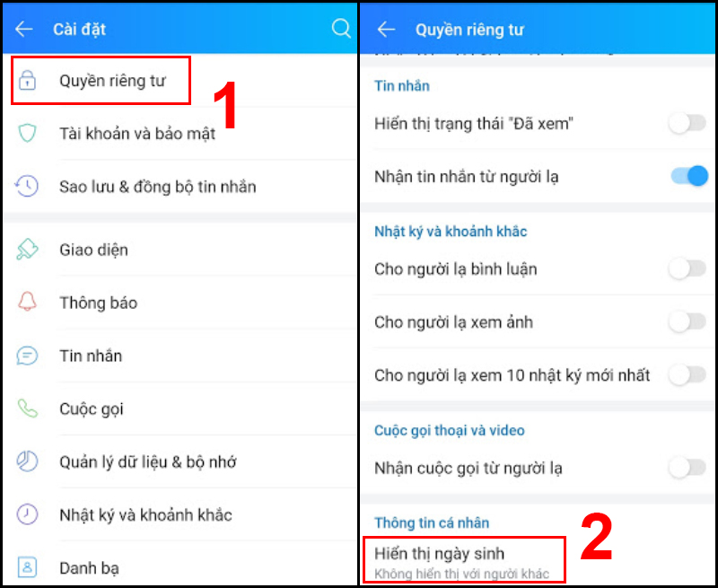 Truy cập Quyền riêng tư, kéo xuống chọn Hiển thị ngày sinh